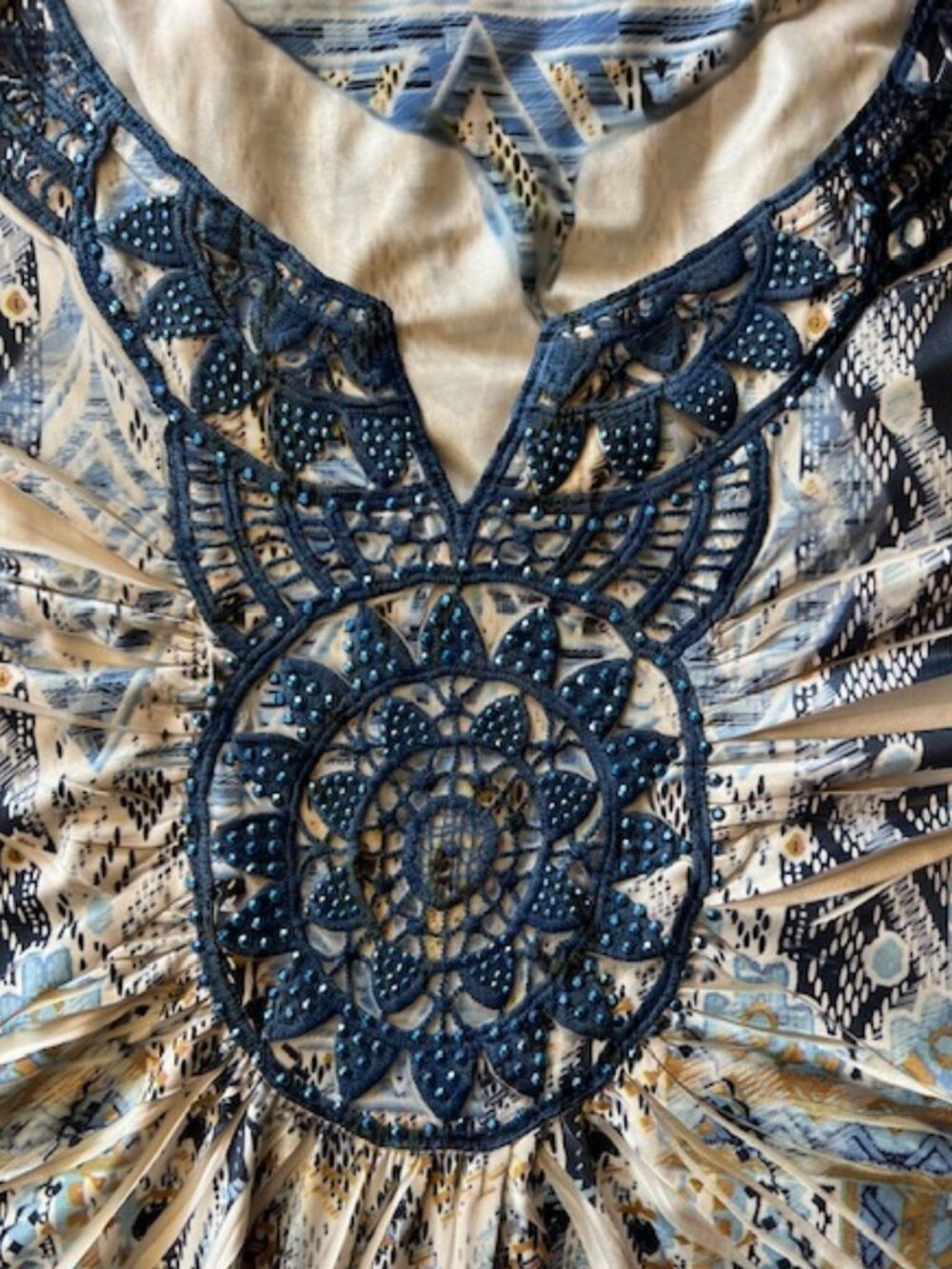 World Unity Women Short SLV Aztec Boho Embroider Blue Geometric Shift Dress XL - Picture 7 of 11